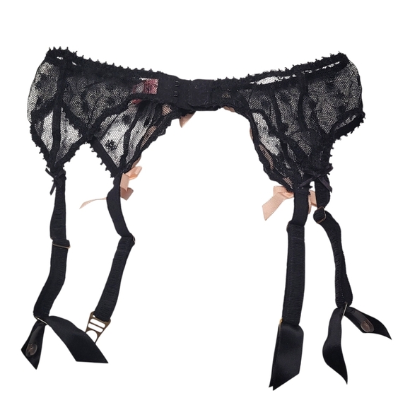 Agent Provocateur Black Lace Garter Belt Pink Bow Mesh Size M - Picture 5 of 13